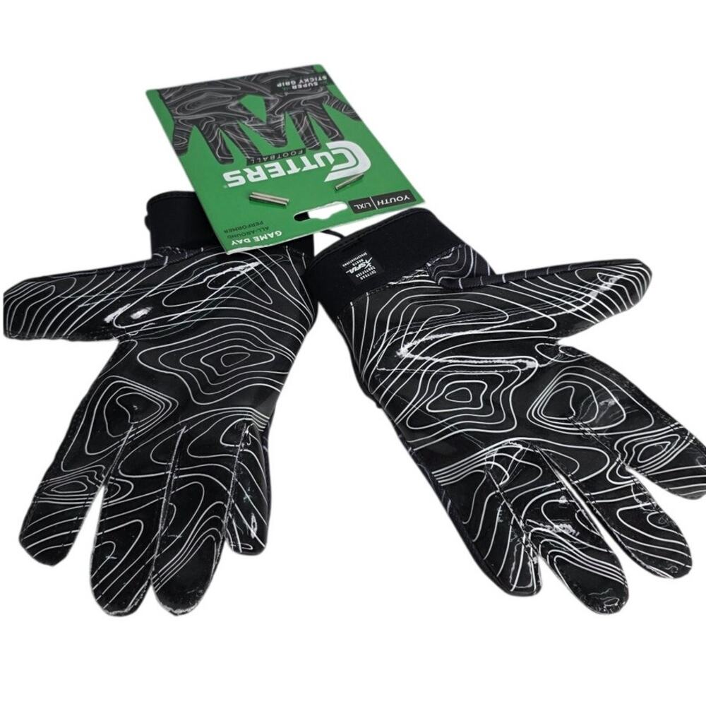 Cutters Youth Large Football Gloves Sticky Grip Game Day Black White